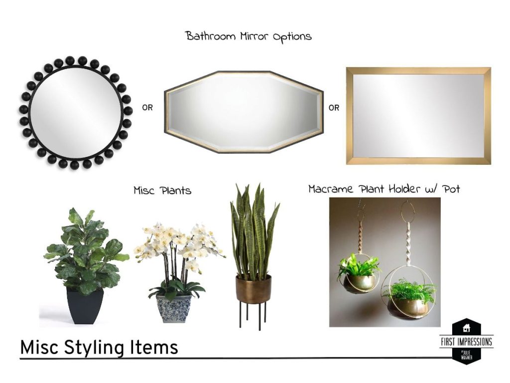 Bathroom mirror options with black round, geometric, and gold-framed styles alongside indoor plants and macramé hanging planters