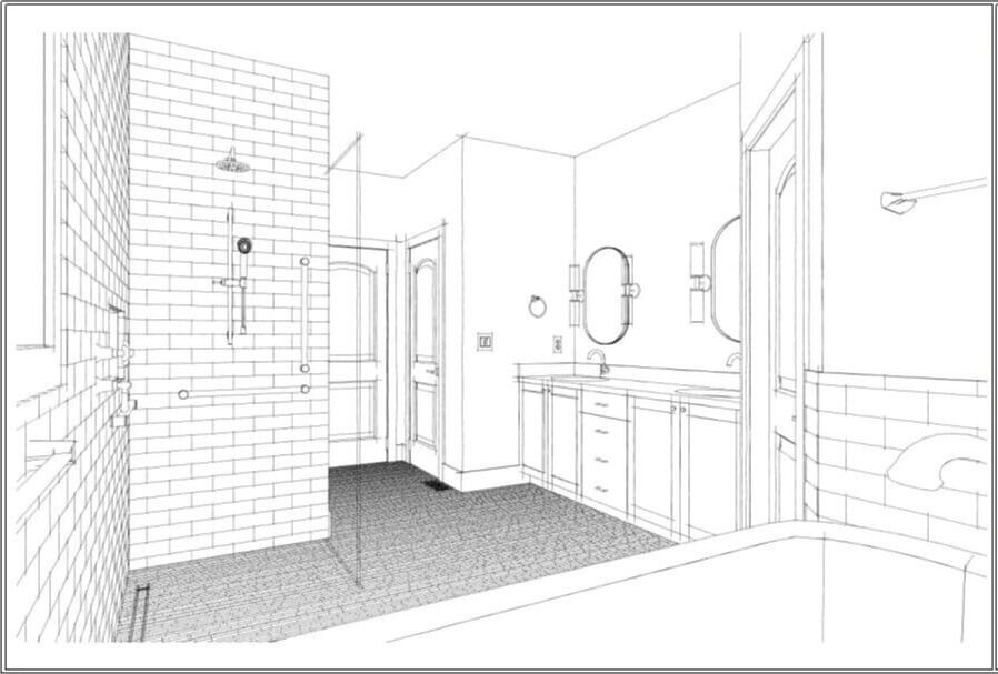 Black and white perspective drawing of a bathroom remodel layout with shower, vanity, tub, and tile details in a Chapel Hill home