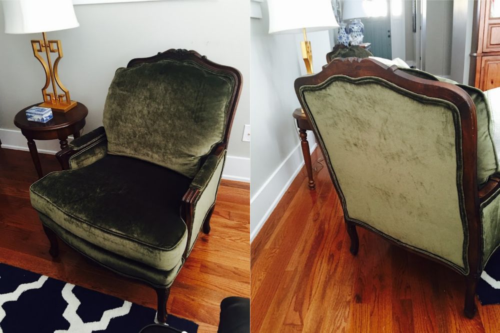 Front and back views of a restored green velvet armchair with carved wood detailing in a Durham, NC living room